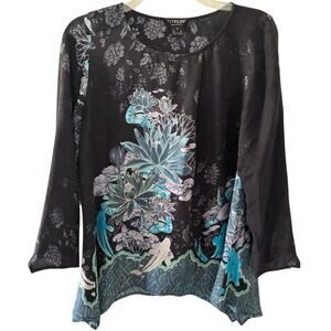 Citron Women's XL Shirt Top Teal Blue Black Flowers Tunic Boho Earthy Flowers